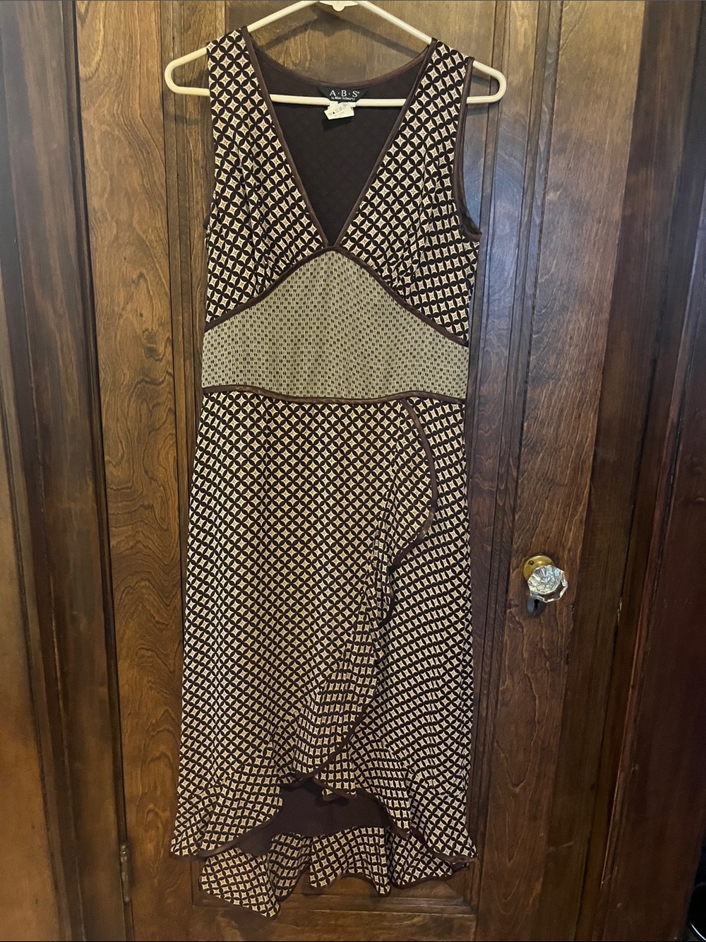 ABS Allen Schwartz Brown Cream Patterned High-Low V-Neck Dress